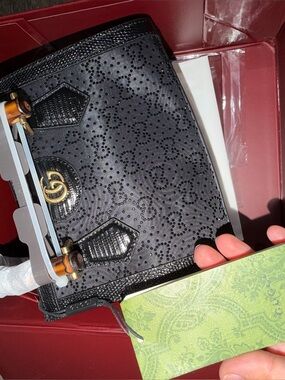 Gucci Black Perforated GG Crossbody Bag with Gold Hardware